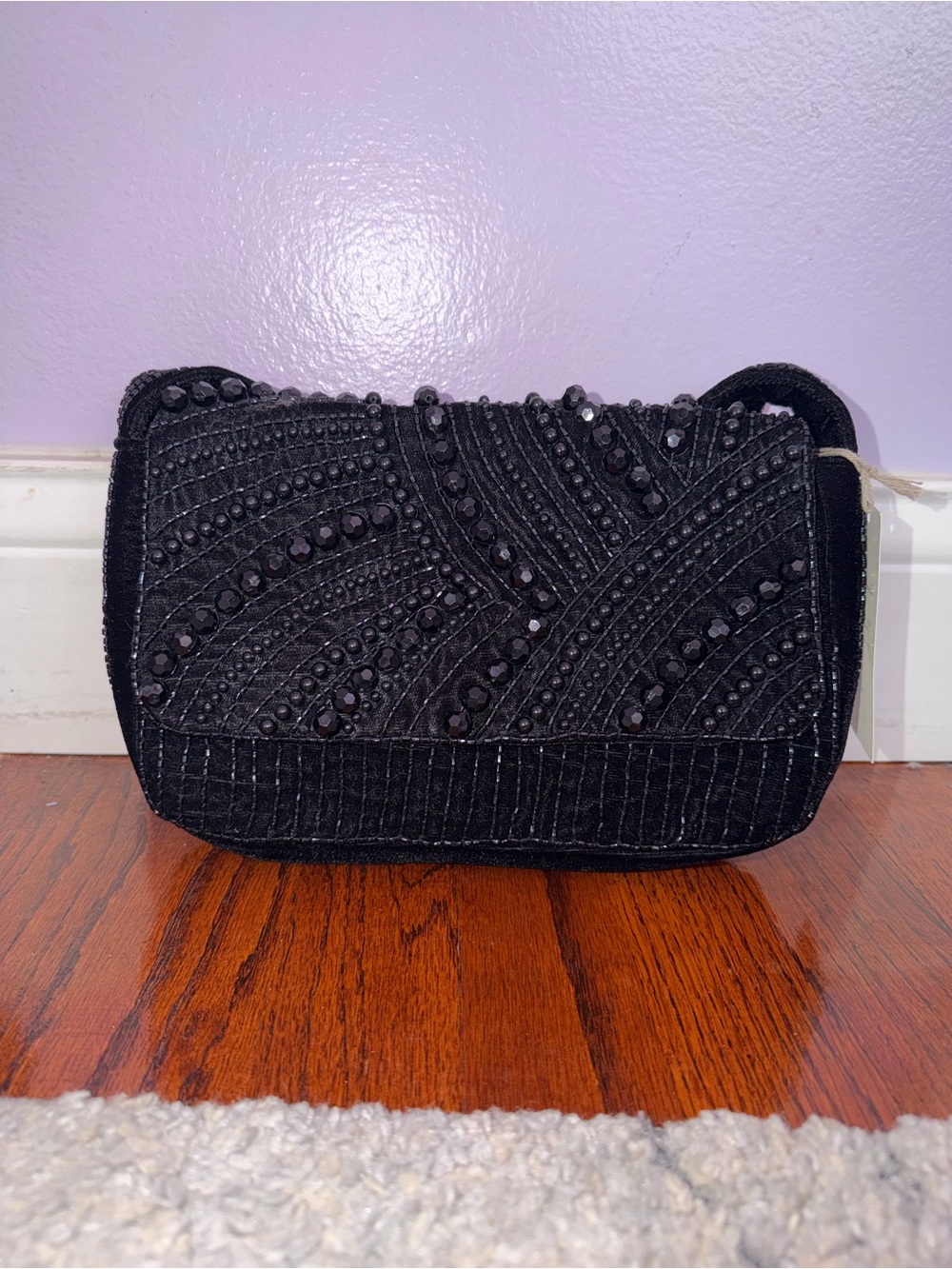 Beaded Black Fabric Shoulder Bag